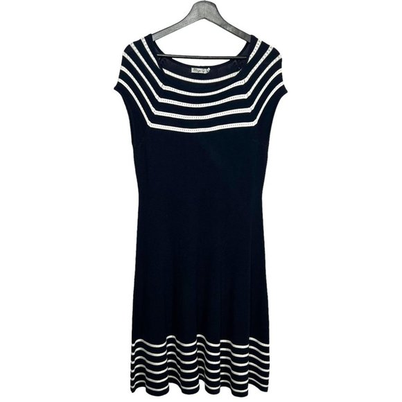 Eliza J Dresses & Skirts - Eliza J Navy Blue White Stripe Short Sleeve Knit Below Knee Dress Small